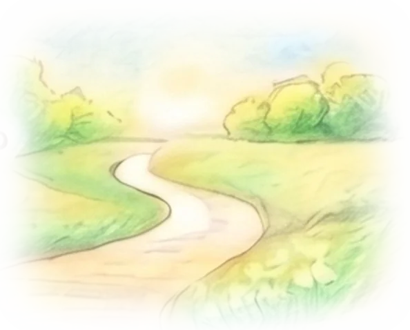 朝の光にひらける道の絵